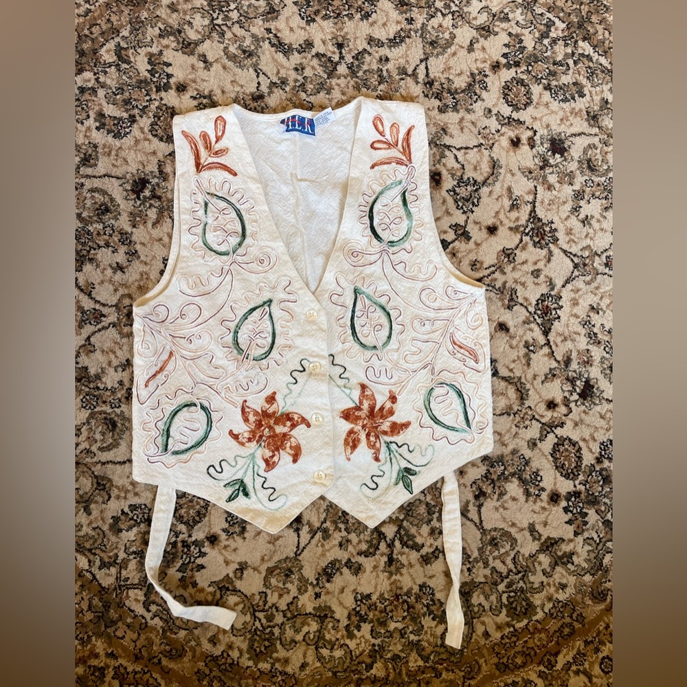 VINTAGE 90s Tapestry Vest Women’s Size Large Fl Floral Leaves Cream Cottagecore